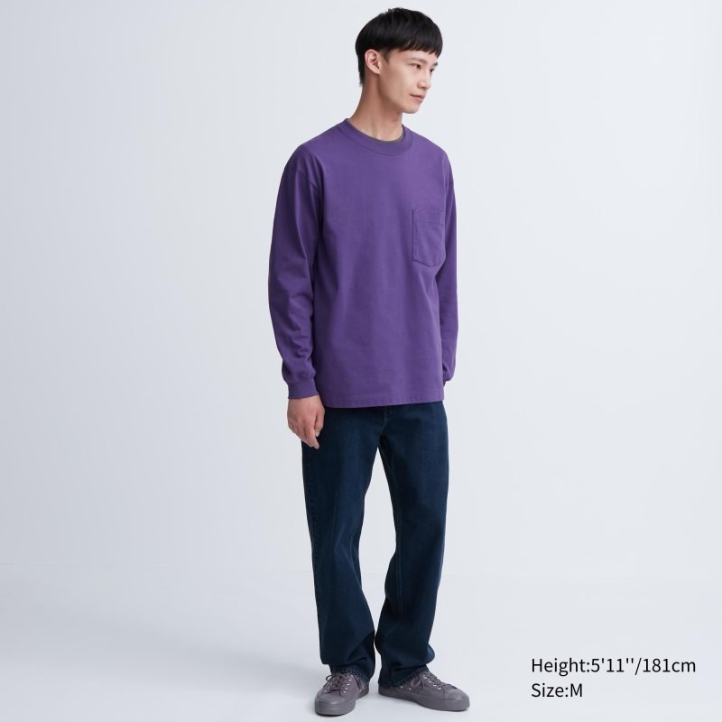 Men Uniqlo Washed Cotton Crew Neck Long-sleeve T Shirts Purple | 5698682