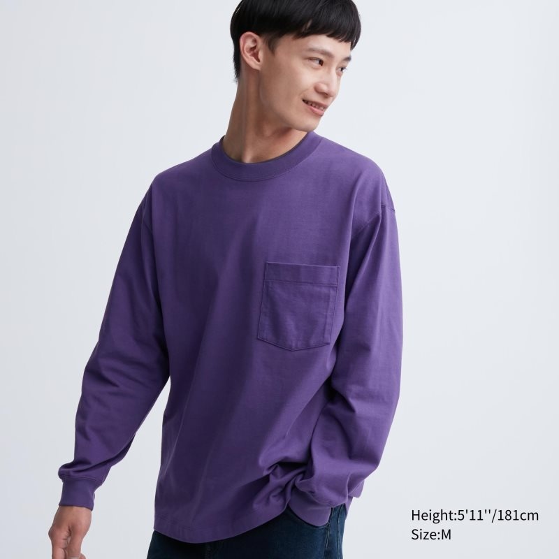 Men Uniqlo Washed Cotton Crew Neck Long-sleeve T Shirts Purple | 5698682