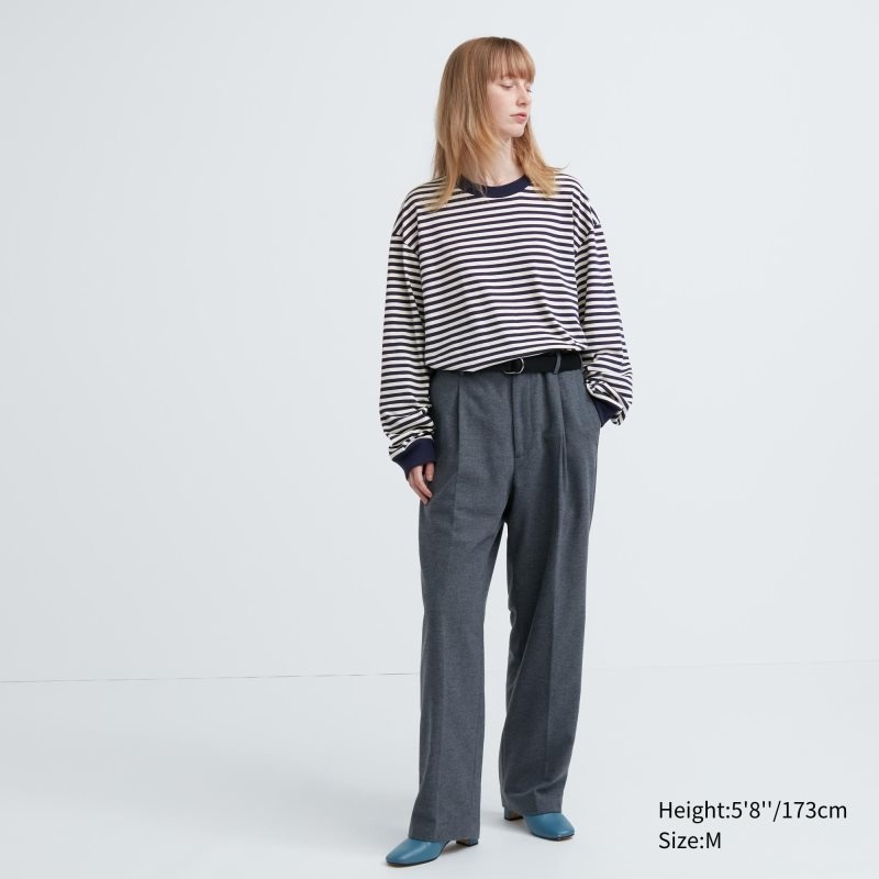 Men Uniqlo Washed Cotton Oversized Crew Neck Long-sleeve Striped T Shirts White | 9992192