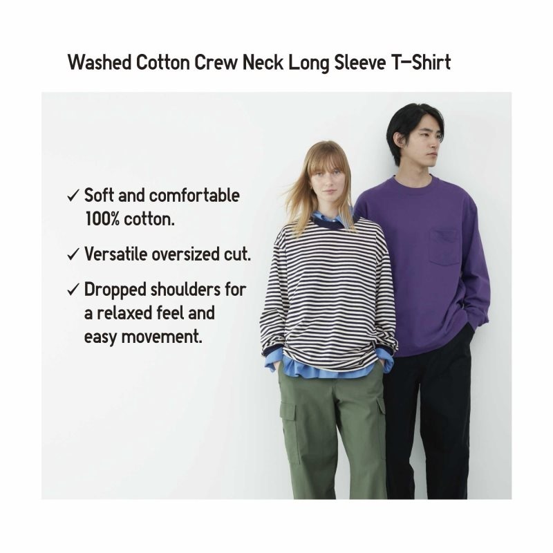 Men Uniqlo Washed Cotton Oversized Crew Neck Long-sleeve Striped T Shirts White | 9992192