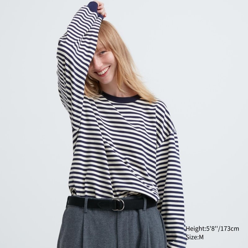Men Uniqlo Washed Cotton Oversized Crew Neck Long-sleeve Striped T Shirts White | 9992192