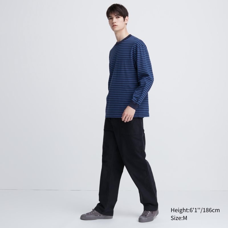 Men Uniqlo Washed Cotton Oversized Crew Neck Long-sleeve Striped T Shirts White | 9992192