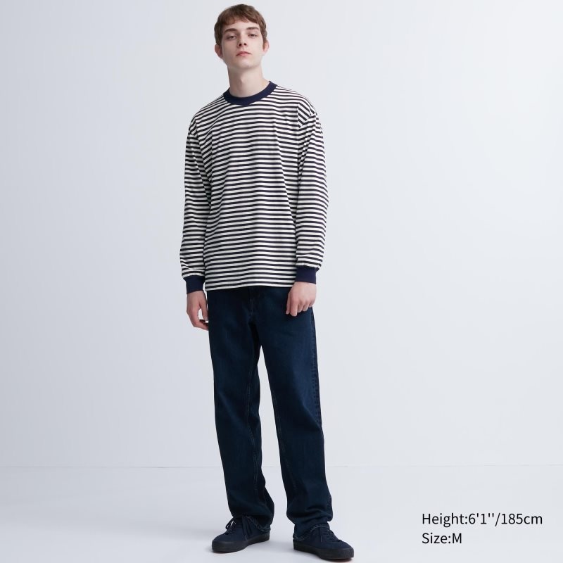 Men Uniqlo Washed Cotton Oversized Crew Neck Long-sleeve Striped T Shirts White | 9992192