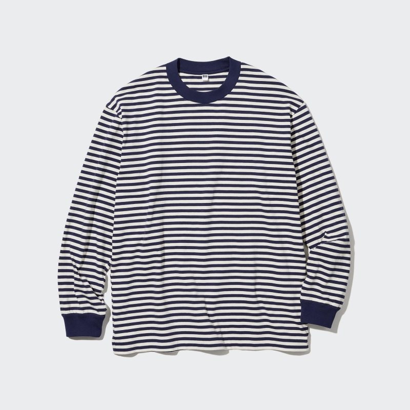 Men Uniqlo Washed Cotton Oversized Crew Neck Long-sleeve Striped T Shirts White | 9992192