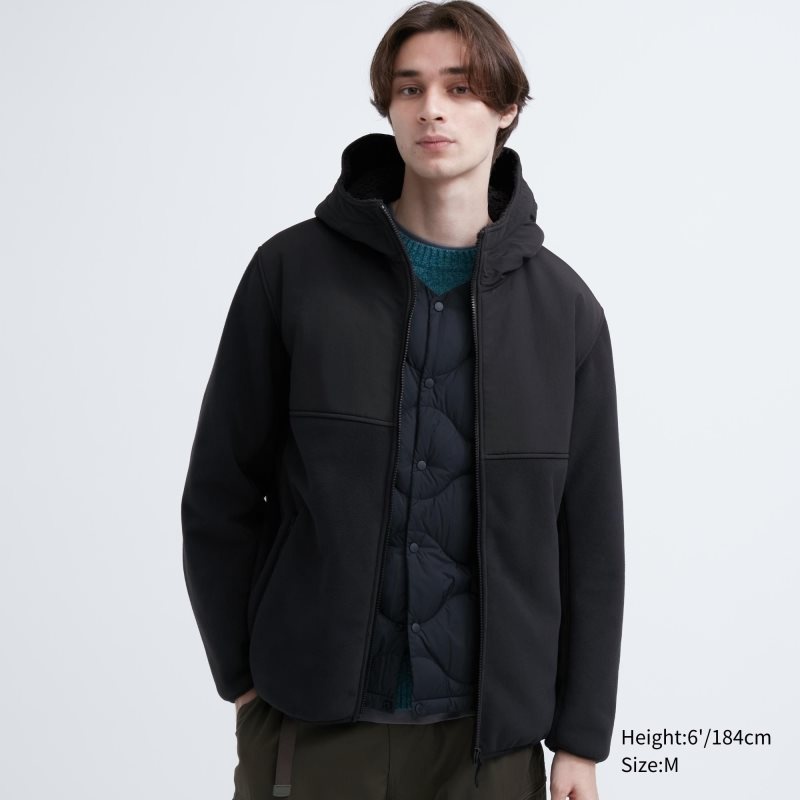 Men Uniqlo Windproof Outer Fleece Full-zip Hoodie Black | 3299450