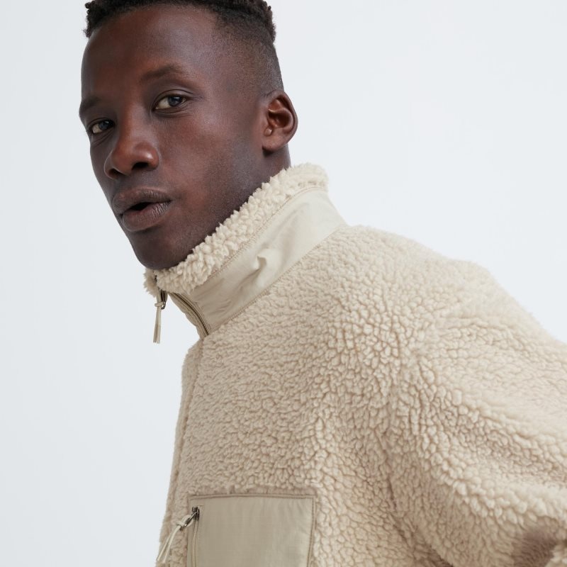 Men Uniqlo Windproof Outer Fleece Jackets Beige | 7244591