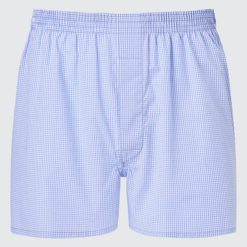 Men Uniqlo Woven Gingham Checked Boxer Underwear Blue | 3546442