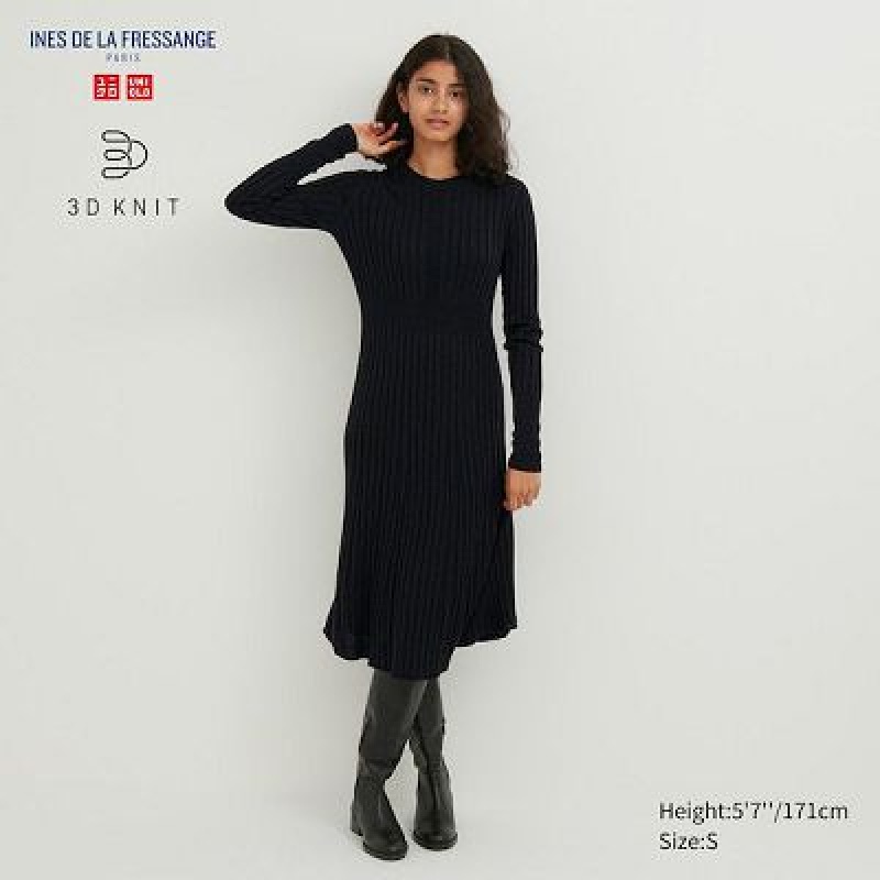 Women Uniqlo 3D Knit Ribbed Crew Neck Long-Sleeve Dress Black | 4555555