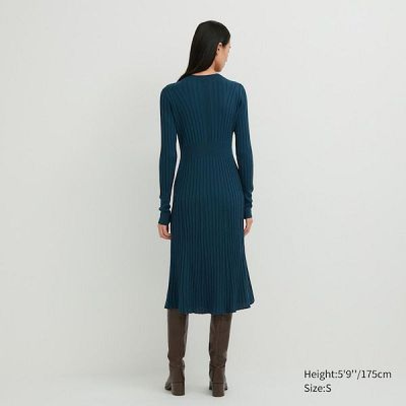 Women Uniqlo 3D Knit Ribbed Crew Neck Long-Sleeve Dress Green | 2854207