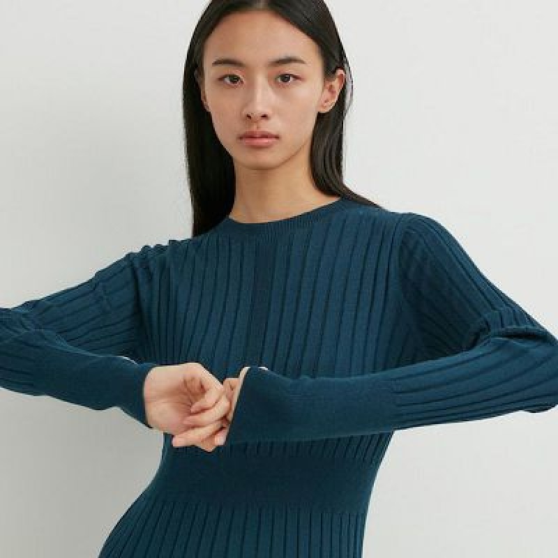 Women Uniqlo 3D Knit Ribbed Crew Neck Long-Sleeve Dress Green | 2854207