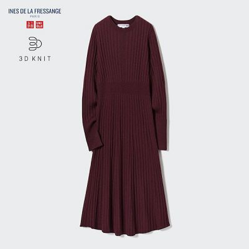 Women Uniqlo 3D Knit Ribbed Crew Neck Long-Sleeve Dress Burgundy | 4164588