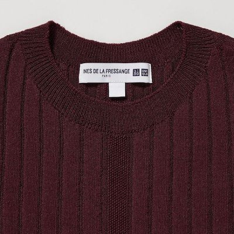 Women Uniqlo 3D Knit Ribbed Crew Neck Long-Sleeve Dress Burgundy | 4164588