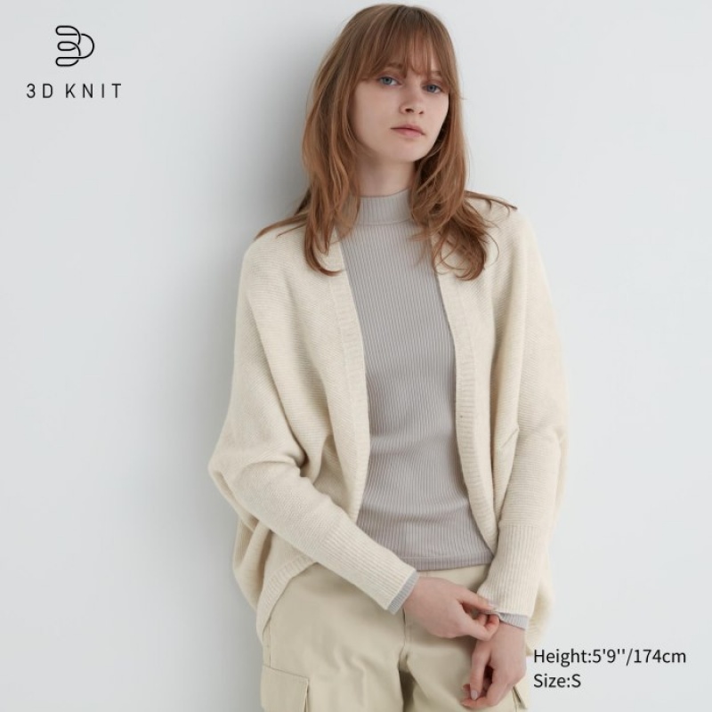 Women Uniqlo 3D Knit Souffle Yarn Long-Sleeve Cardigan White | 5188524