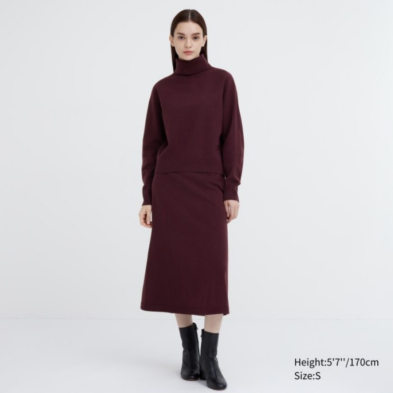 Women Uniqlo 3D Knit Souffle Yarn Long-Sleeve Sweaters Burgundy | 5562167