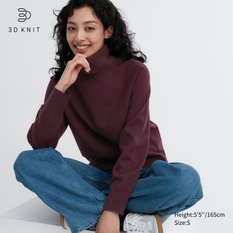 Women Uniqlo 3D Knit Souffle Yarn Long-Sleeve Sweaters Burgundy | 5562167