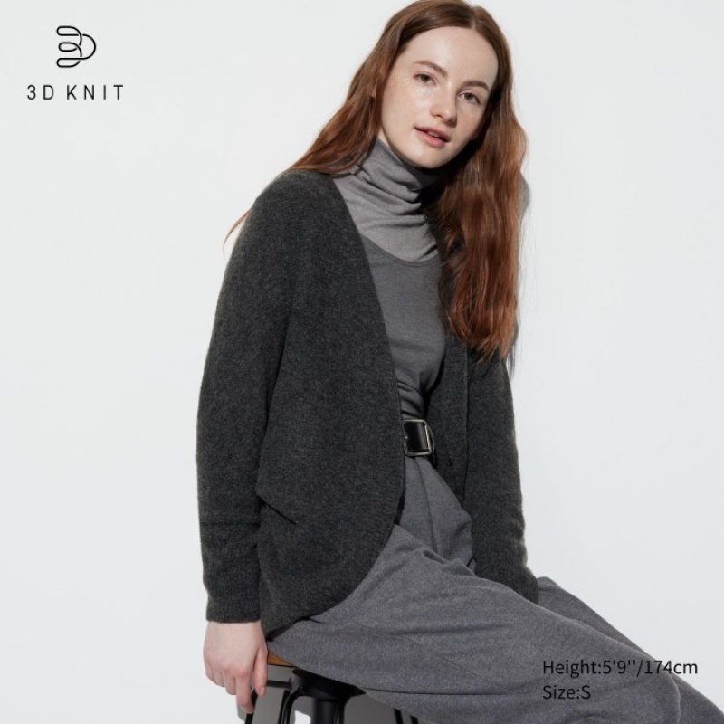Women Uniqlo 3D Knit Souffle Yarn Long-Sleeve Cardigan Grey | 8022735