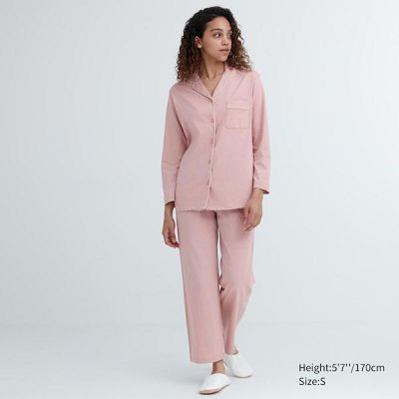 Women Uniqlo AIRism Cotton Long-Sleeve Pajamas Pink | 5668096