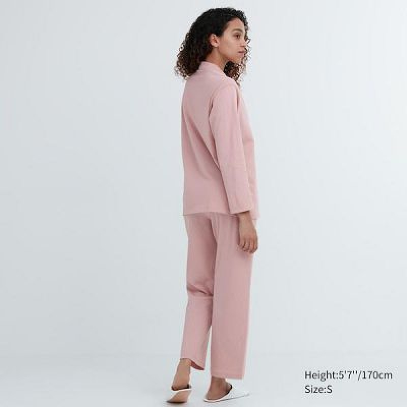 Women Uniqlo AIRism Cotton Long-Sleeve Pajamas Pink | 5668096