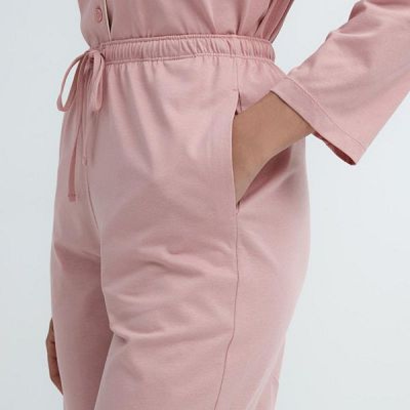 Women Uniqlo AIRism Cotton Long-Sleeve Pajamas Pink | 5668096