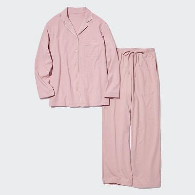 Women Uniqlo AIRism Cotton Long-Sleeve Pajamas Pink | 5668096
