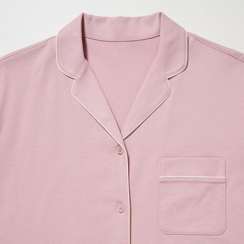 Women Uniqlo AIRism Cotton Long-Sleeve Pajamas Pink | 5668096