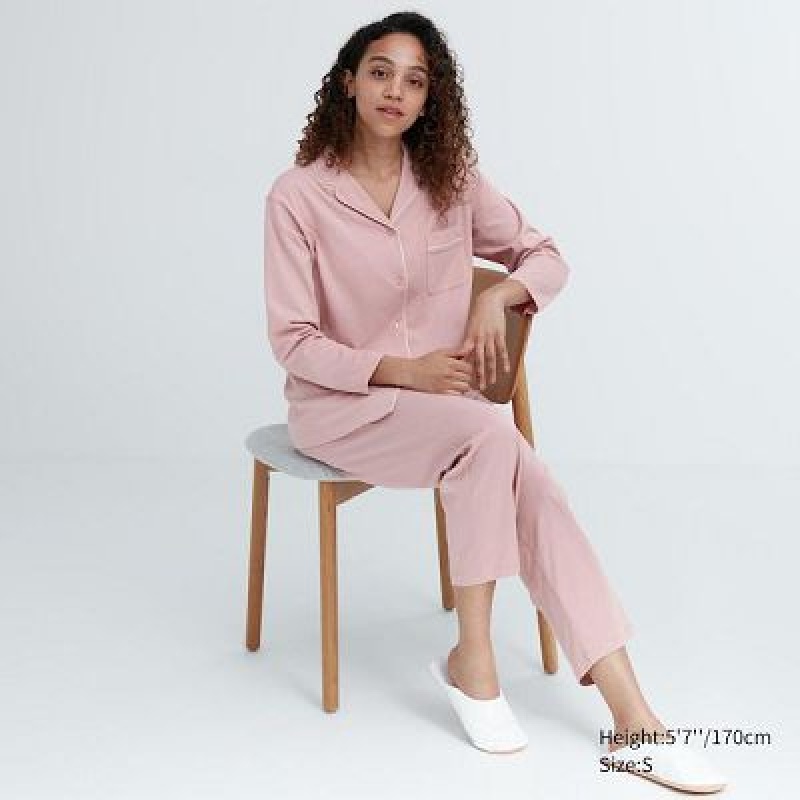 Women Uniqlo AIRism Cotton Long-Sleeve Pajamas Pink | 5668096