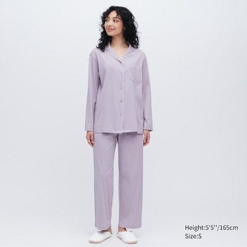 Women Uniqlo AIRism Cotton Long-Sleeve Pajamas Purple | 493656