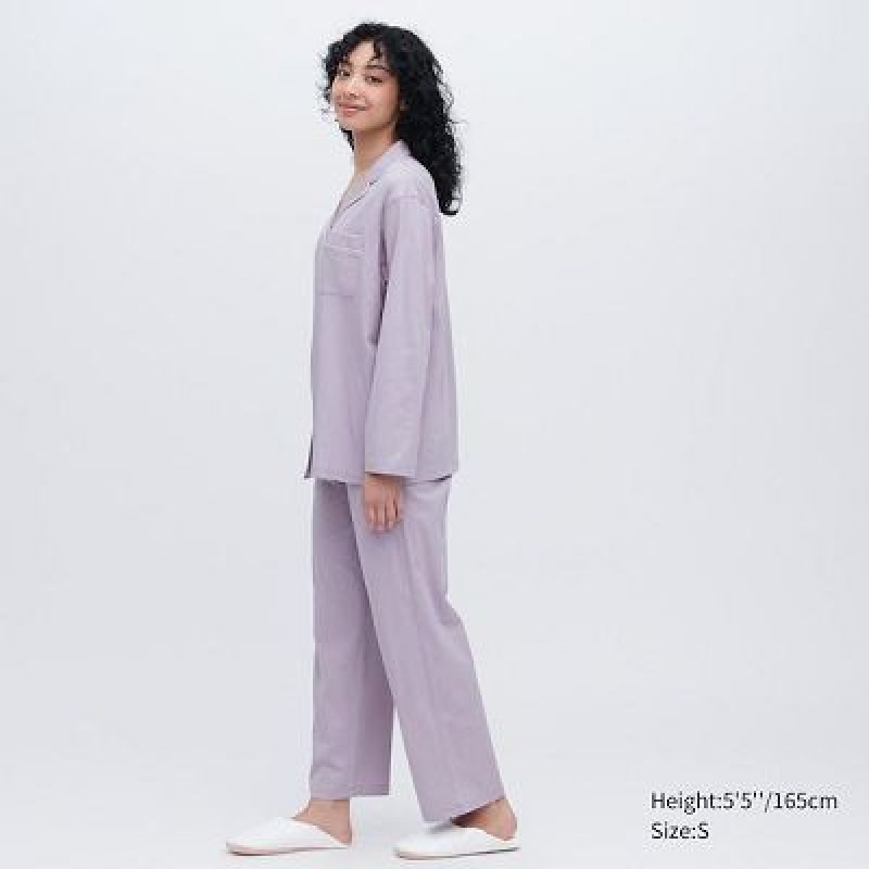 Women Uniqlo AIRism Cotton Long-Sleeve Pajamas Purple | 493656