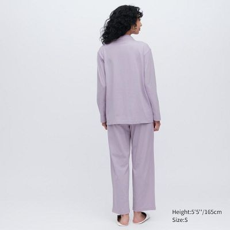 Women Uniqlo AIRism Cotton Long-Sleeve Pajamas Purple | 493656