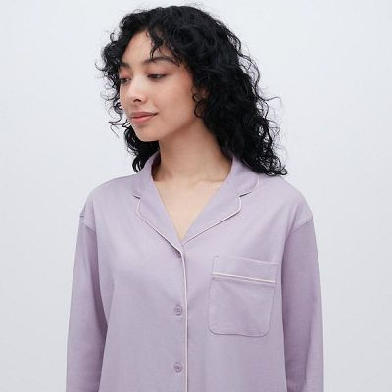 Women Uniqlo AIRism Cotton Long-Sleeve Pajamas Purple | 493656