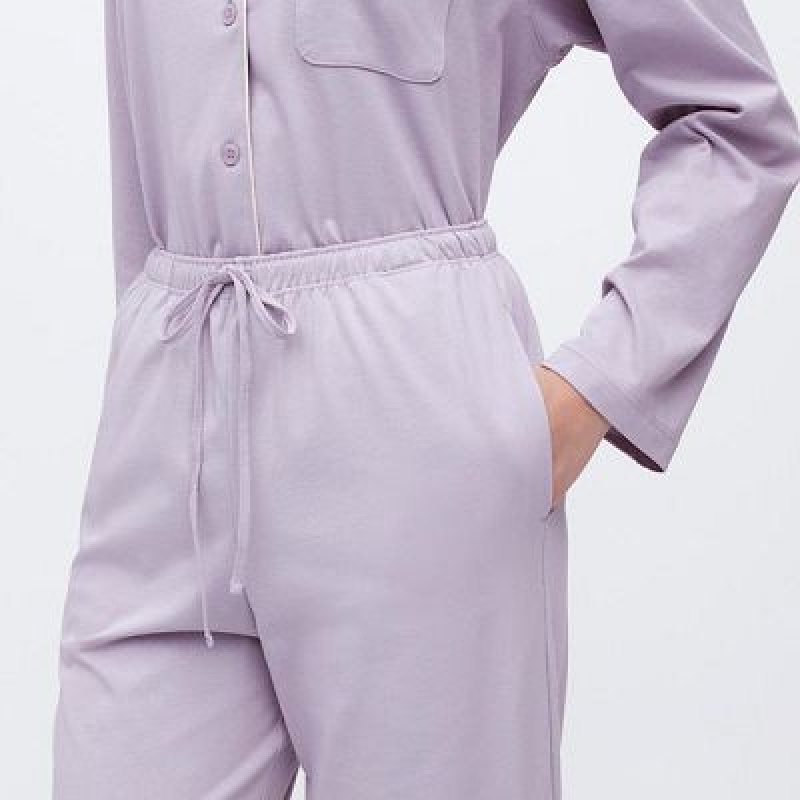 Women Uniqlo AIRism Cotton Long-Sleeve Pajamas Purple | 493656