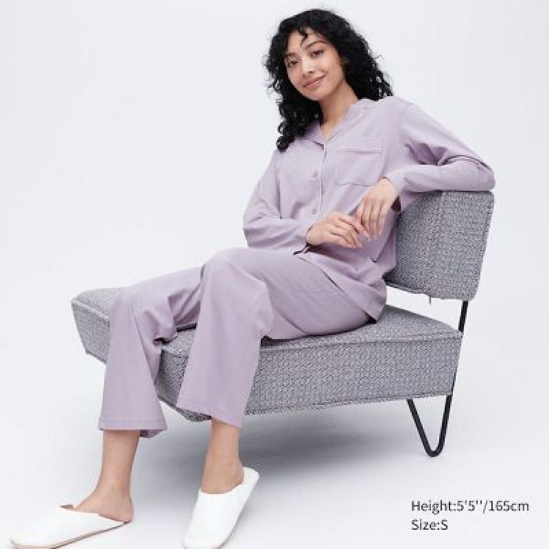 Women Uniqlo AIRism Cotton Long-Sleeve Pajamas Purple | 493656