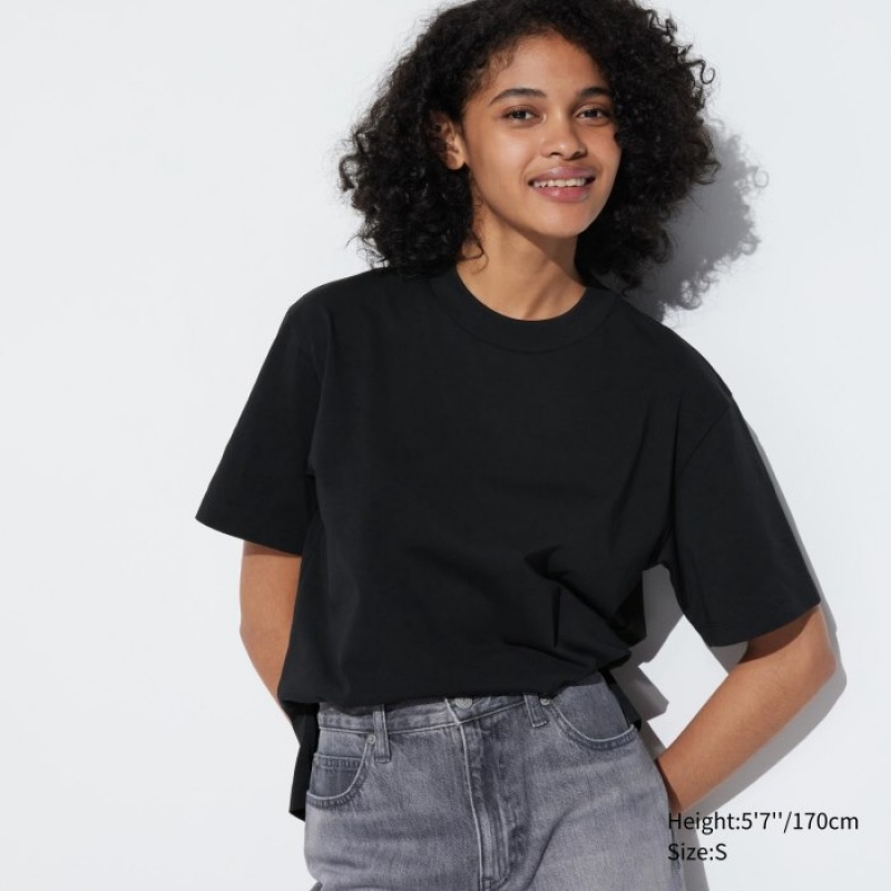 Women Uniqlo AIRism Cotton Short Sleeve T Shirts Black | 1927414