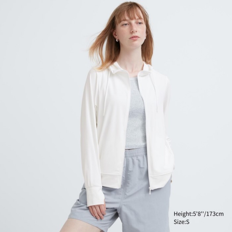 Women Uniqlo AIRism Mesh UV Protection Full-Zip Hoodie White | 9992279