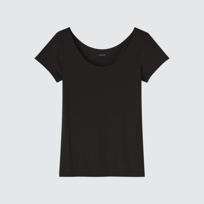 Women Uniqlo AIRism Scoop Neck Short-Sleeve T Shirts Black | 257596