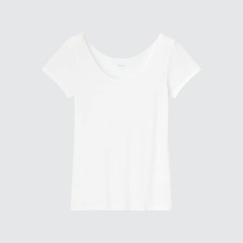 Women Uniqlo AIRism Scoop Neck Short-Sleeve T Shirts White | 3109142