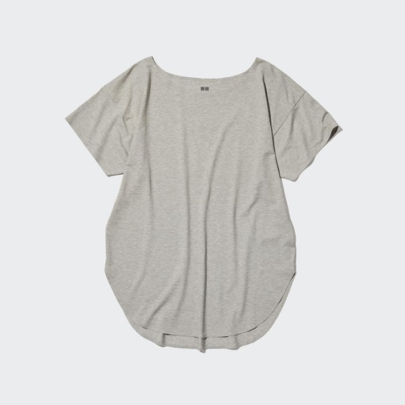Women Uniqlo AIRism Seamless Boat Neck Short-Sleeve Long T Shirts Grey | 4231103