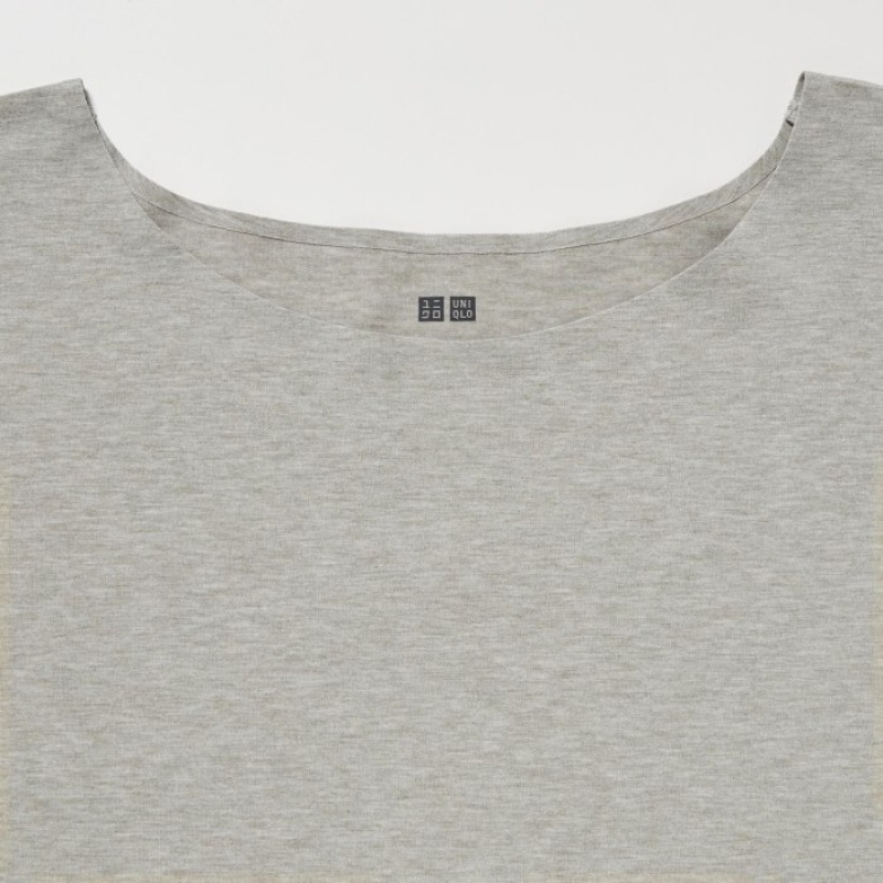 Women Uniqlo AIRism Seamless Boat Neck Short-Sleeve Long T Shirts Grey | 4231103