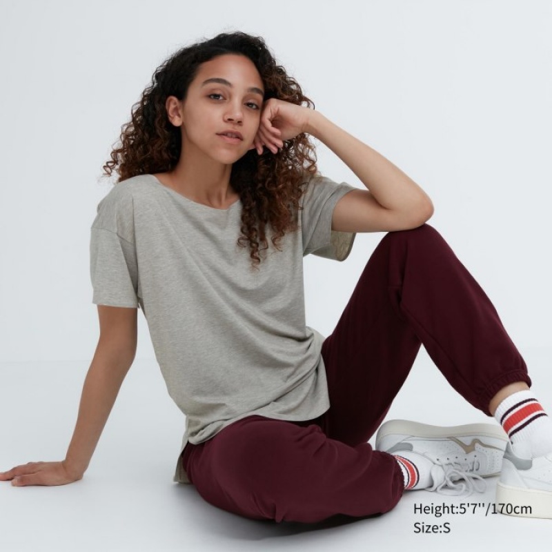 Women Uniqlo AIRism Seamless Boat Neck Short-Sleeve Long T Shirts Grey | 4231103