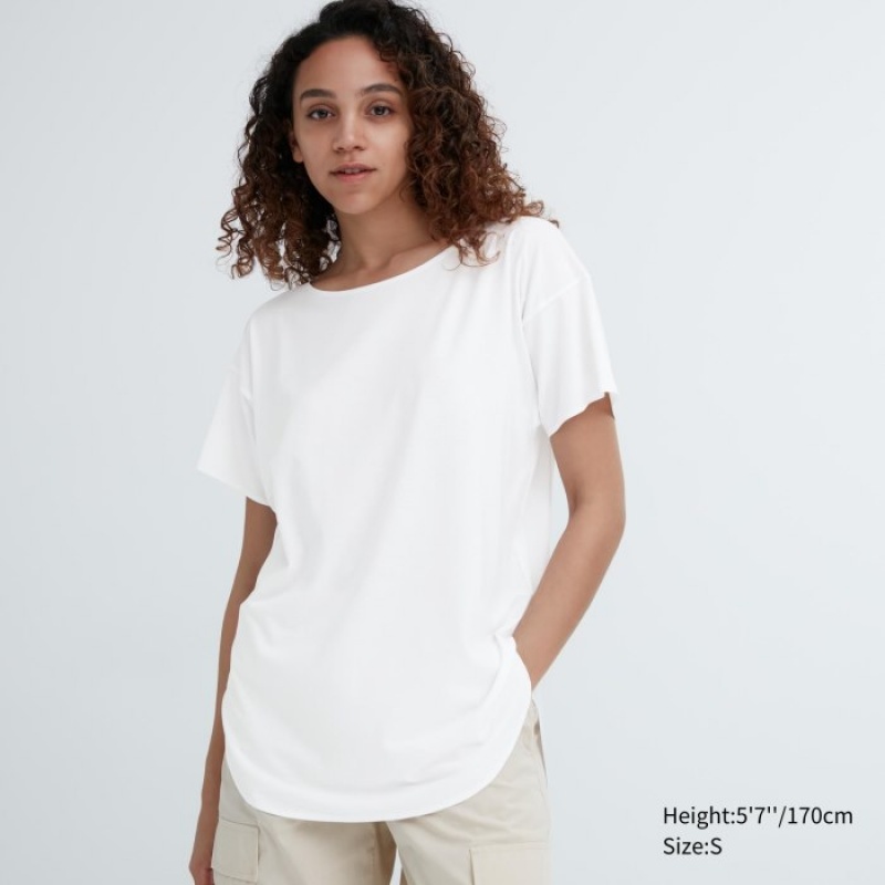 Women Uniqlo AIRism Seamless Boat Neck Short-Sleeve Long T Shirts White | 9300499