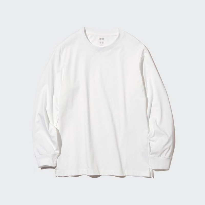 Women Uniqlo Airism Cotton Uv Protection Crew Neck Long-sleeve T Shirts White | 7551162