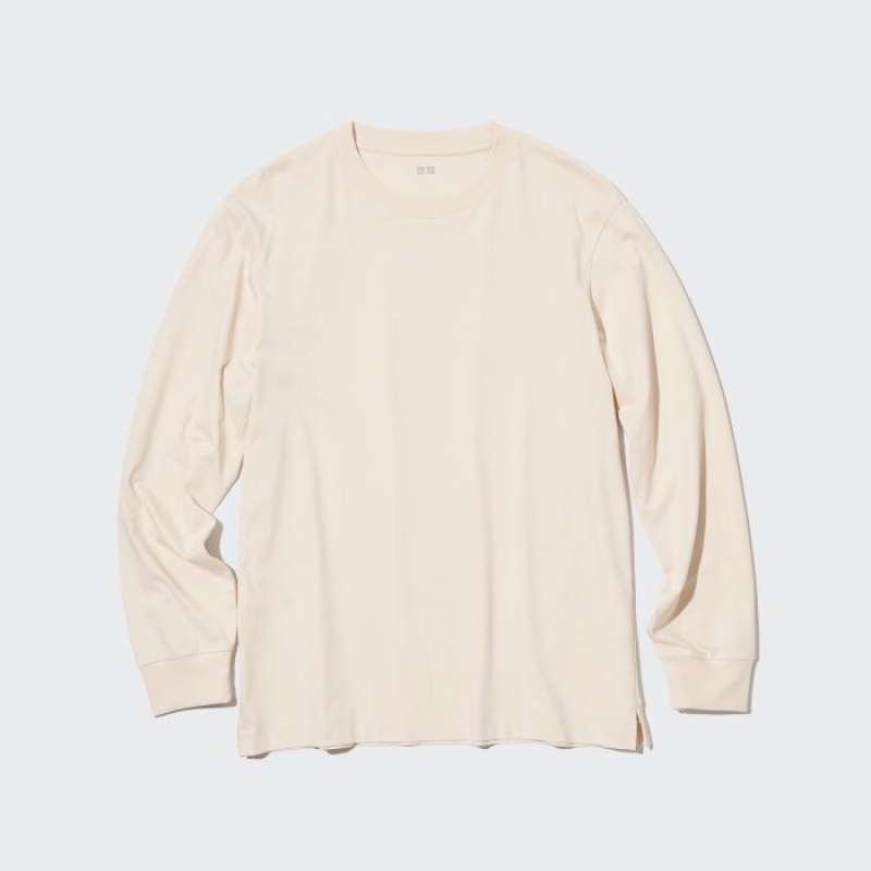 Women Uniqlo Airism Cotton Uv Protection Crew Neck Long-sleeve T Shirts Beige | 3058925
