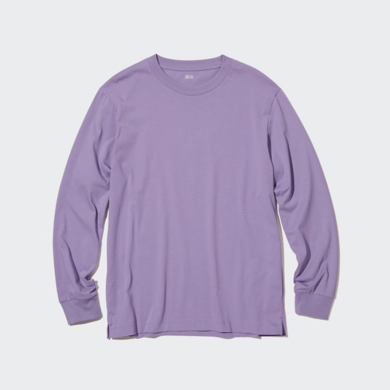 Women Uniqlo Airism Cotton Uv Protection Crew Neck Long-sleeve T Shirts Purple | 4592425