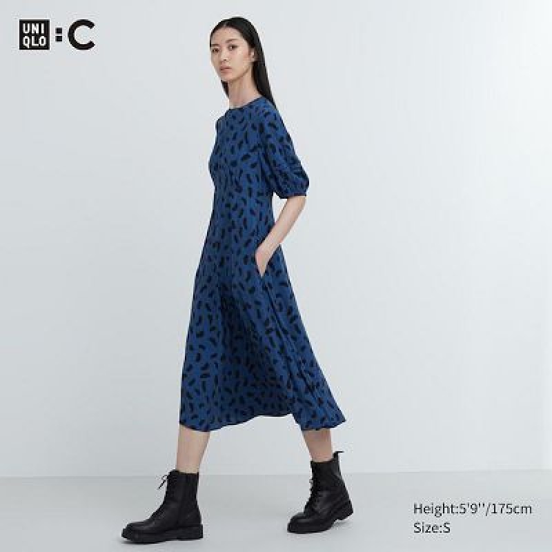 Women Uniqlo Balloon Sleeve Short-Sleeve Dress Blue | 6635666