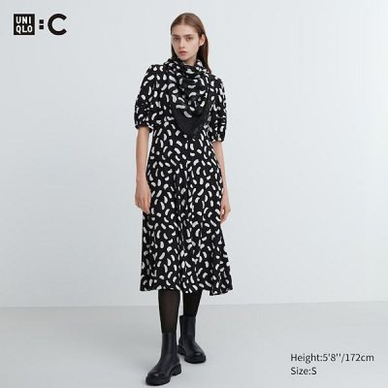 Women Uniqlo Balloon Sleeve Short-Sleeve Dress Black | 4493056