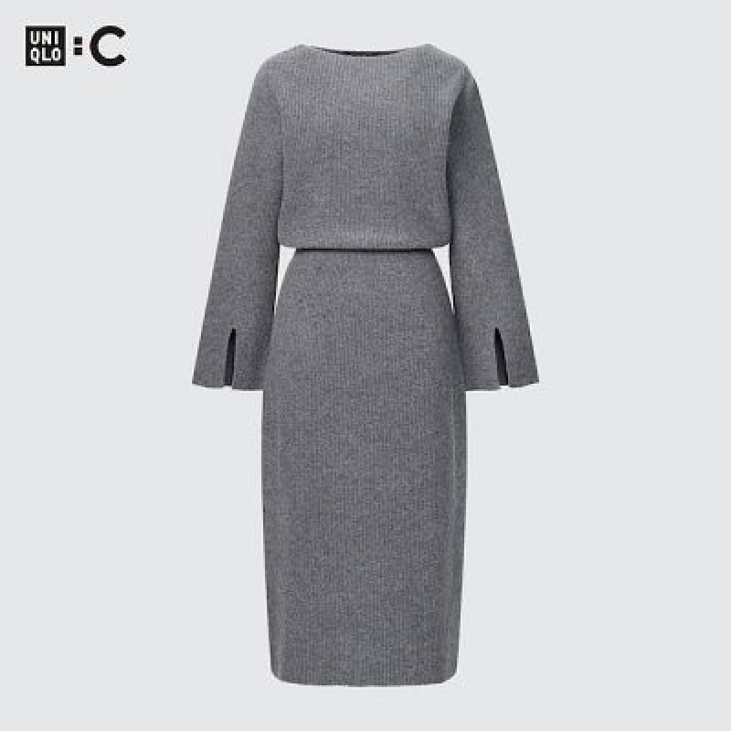 Women Uniqlo Boat Neck Long-Sleeve Knit Dress Grey | 3825821