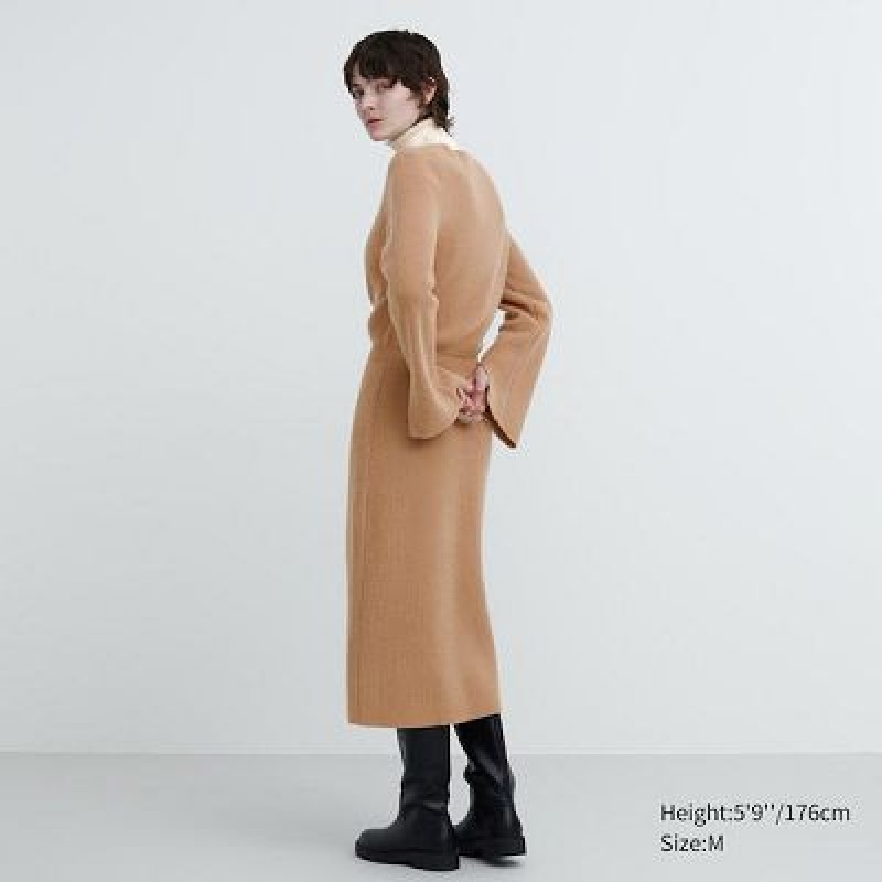 Women Uniqlo Boat Neck Long-Sleeve Knit Dress Beige | 3785648
