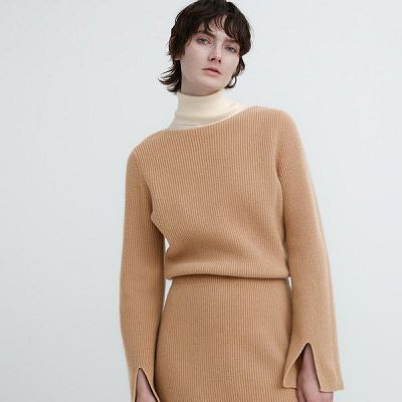 Women Uniqlo Boat Neck Long-Sleeve Knit Dress Beige | 3785648