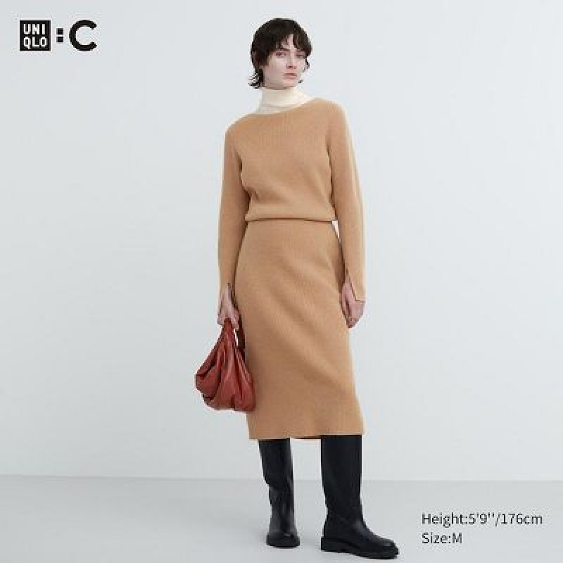 Women Uniqlo Boat Neck Long-Sleeve Knit Dress Beige | 3785648