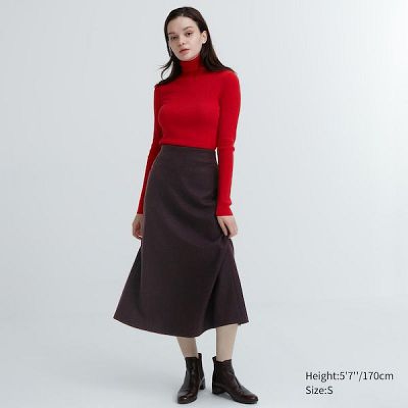 Women Uniqlo Brushed Jersey Flared Skirts Burgundy | 7731086